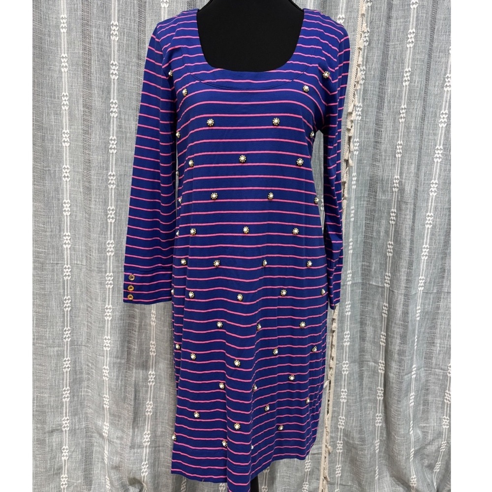 Lilly Pulitzer Pink Blue Striped Long Sleeve Pearl Shift Dress Beaded Gold Small